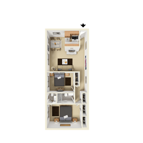 Floor plan for 2 beds, 1.5 baths, 800 sqft